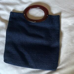 Vintage Navy Blue Woven Bag with Brown Handle